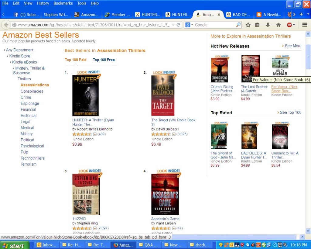 HUNTER hits #1 in Kindle "Assassination Thrillers